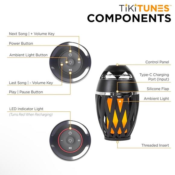 TikiTunes Bluetooth 5.0 Indoor/Outdoor Wireless Speaker LED Flickering Flame - Picture 3 of 10